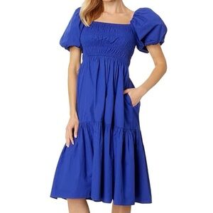 Vince Camuto Smocked Puff Sleeve Flounce Midi Dress Purple Porcelain Blue